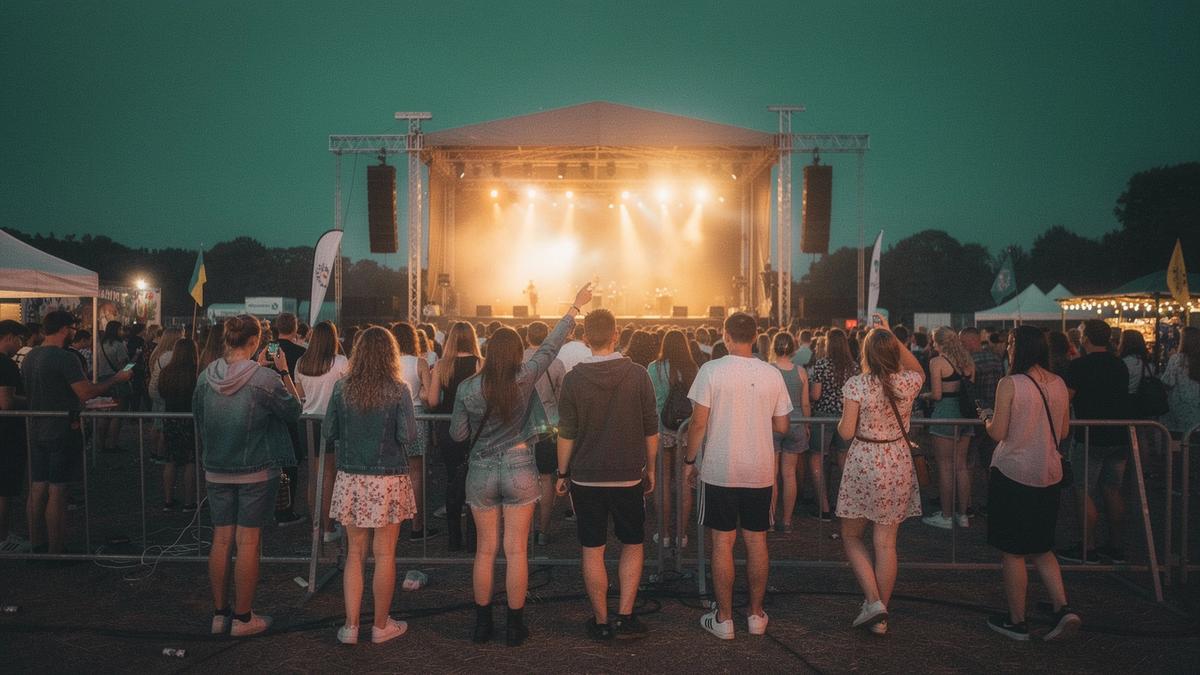 Open-air festival stage at dusk with a crowd of young travellers