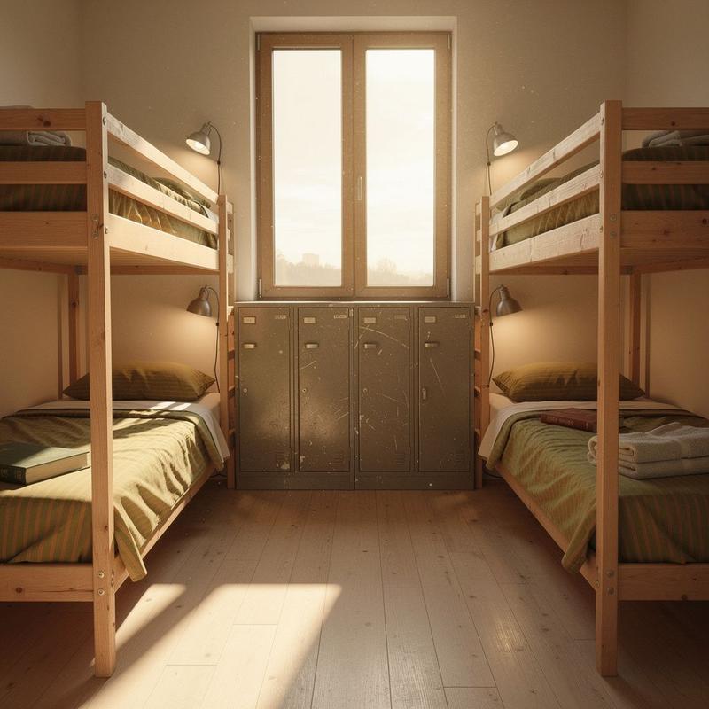 Bunk beds and lockers in a shared hostel dorm room in Lviv